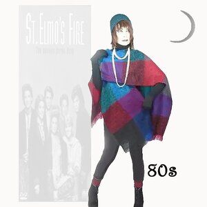 Vintage Shawl Wrap, Acrylic With Fringe, 80s Color Block Warmcore VFG